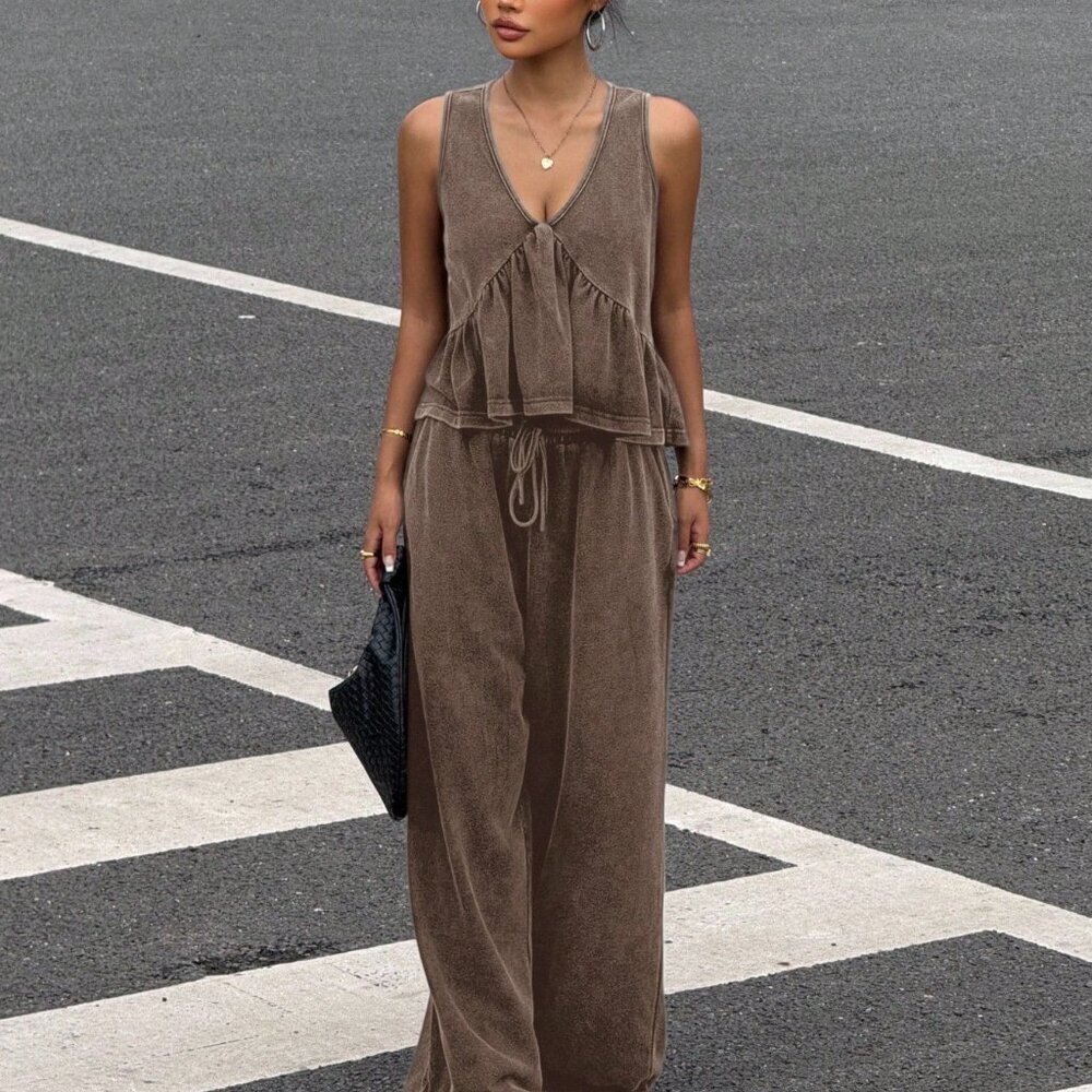 Brown Casual Women's Two-Piece Outfit with V-Neck Ruffle Top and Wide-Leg Pants
